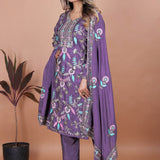 Mauve Purple Floral Embroidered Silk Kurta Set
