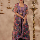 Bluish Grey Organza Floral Printed Indo-Western Co-Ord Set