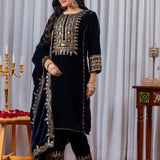 Navy Blue Velvet Embroidered Kurti Set