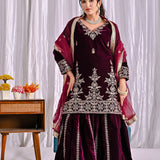 Wine Velvet Embroidered Sharara Set