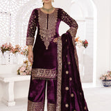 Dark Wine Velvet Embroidered Kurti Set