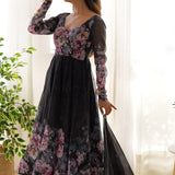 Powdered Black Organza Floral Printed Anarkali Set