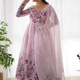 Baby Pink Organza Floral Printed Anarkali Set