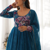 Aqua Blue Organza Floral Printed Anarkali Set