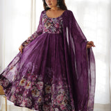Pale Wine Organza Floral Printed Anarkali Set