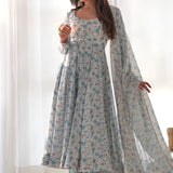 Sky White Organza Floral Printed Anarkali Set