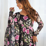 Matte Black Organza Floral Printed Anarkali Set