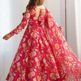Brink Pink Organza Floral Printed Anarkali Set