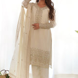 Off White Silk Embroidered Kurta Set
