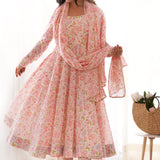 Light Peach Organza Floral Printed Anarkali Set