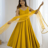 Bright Yellow Chanderi Solid Anarkali Set