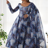 Ocean Blue Organza Floral Printed Anarkali Set