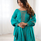 Turquoise Chanderi Embroidered Anarkali Set