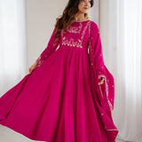 Dark Pink Chanderi Embroidered Anarkali Set