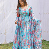 Azure Blue Organza Floral Printed Anarkali Set