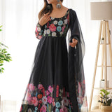Crayon Black Organza Floral Printed Anarkali Set