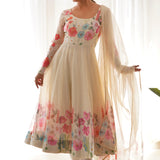 Light Cream Organza Floral Printed Anarkali Set