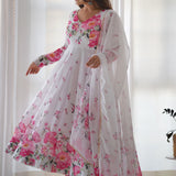 Cloud White Organza Floral Printed Anarkali Set