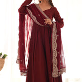 Blood Maroon Chanderi Solid Pattern Anarkali Set