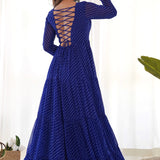 Ink Blue Chanderi Leheriya Printed Anarkali Set