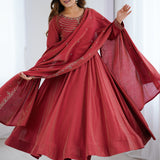 Royal Maroon Chanderi Embroidered Anarkali Set