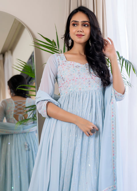 <img> Pastel Sky Blue Georgette Embroidered Anarkali Set