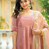 Pastel Peach Tissue Solid Anarkali Set