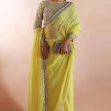 Soft Lime Yellow Organza Embroidered Saree