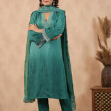Teal Green Russian Silk Solid Kurti Set