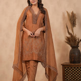 Chocolate Brown Russian Silk Embroidered Kurti Set
