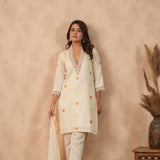 Off White Russian Silk Embroidered Kurti Set