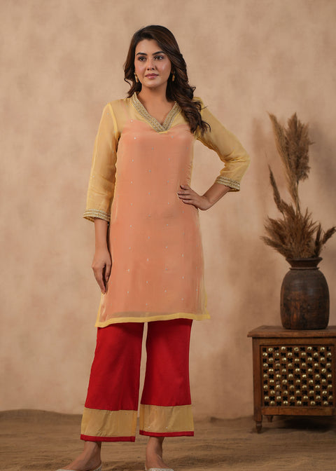 <img> Pastel Orange Organza Subtle Embroidered Kurti Set