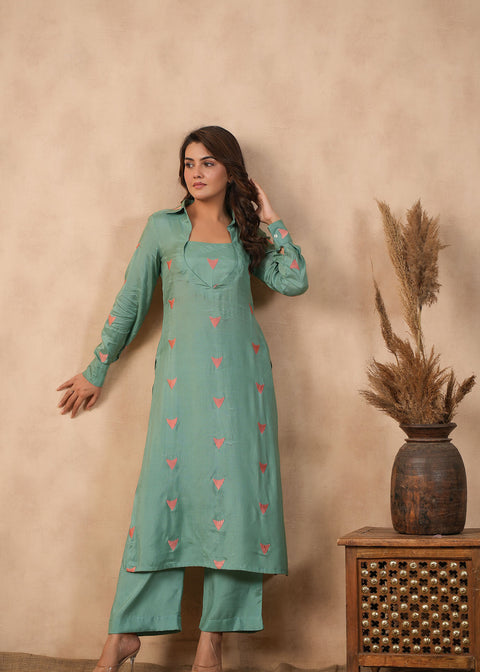 <img> Bright Persian Green Santoon Embroidered Kurti Set