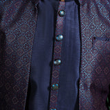 Navy Blue And White Jacquard Sherwani Set