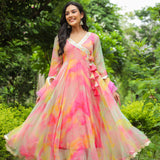 Taffy Pink Chiffon Printed Anarkali Set