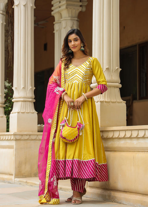 <img> Old Golden Yellow Cotton Silk Gotta Work Anarkali Set