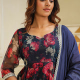 Dark Night Blue Organza Floral Sharara Set