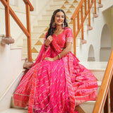 Bright Pink Brocade Silk Bandhani Printed Lehenga Set