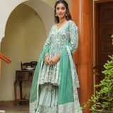 Mint Green Cotton Mughal Printed Sharara Set