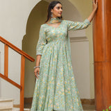 Mint Green Cotton Floral Printed Anarkali Set