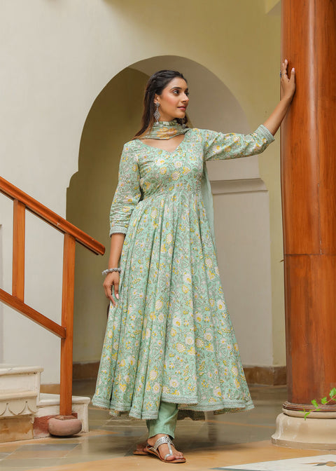 <img> Mint Green Cotton Floral Printed Anarkali Set