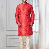 Bright Red Printed Bandhani Dupion Silk Kurta Set