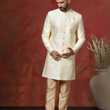 Pastel Cream Printed Cotton Blend Sherwani Set
