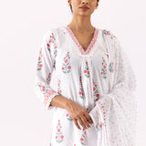 Ivory A-Line Cotton Kurta With Block Print And Palazzo Set