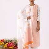 Orange Block Printed Ivory Straight Kurta Palazzo Set