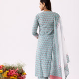 Block Print Cotton Aqua Blue Anarkali With Palazzo Set