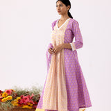 Block Print Cotton Lilac Anarkali With Palazzo Set