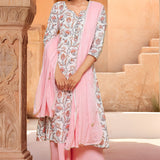 White Cotton Anarkali Kurti Set With Floral Print