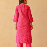 Fuchsia Pink Cotton Santoon Embroidered Kurti Set