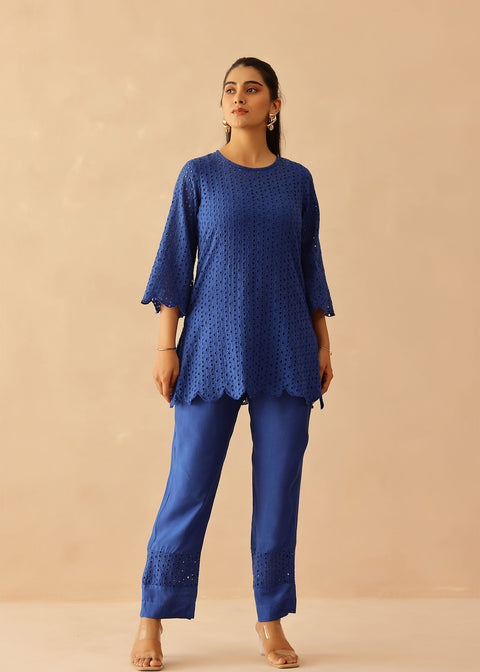 <img> Aster Blue Cotton Cut Work Co-Ord Set